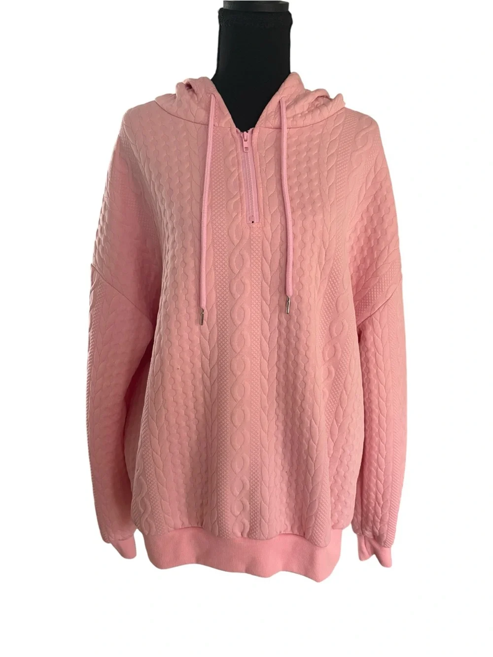 SHEIN Pastel Pink Cable Knit Half-Zip Hoodie Sweatshirt - Picture 2 of 7